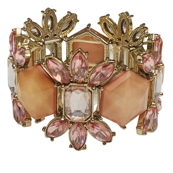 VTG Pink Rhinestone Flower Wide Bracelet 7" Silver Tone Cottagecore Trendy - Picture 3 of 10